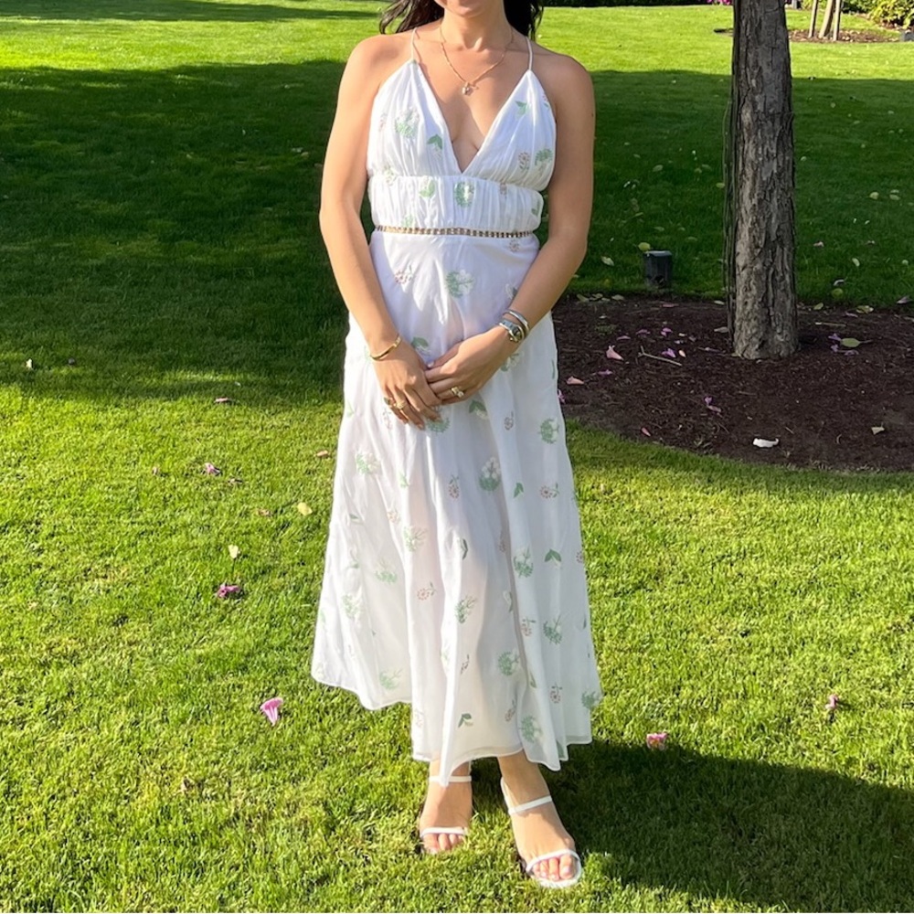 Markarian Cotton Dress with floral embroidery and crystal detail